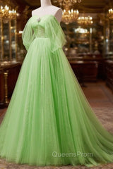 A-Line Sweetheart Neck Tulle Green Long Evening Prom Dress, Green Tulle Long Evening Dress
