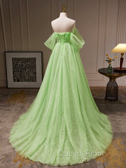 A-Line Sweetheart Neck Tulle Green Long Evening Prom Dress, Green Tulle Long Evening Dress