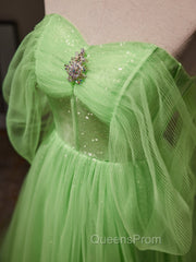 A-Line Sweetheart Neck Tulle Green Long Evening Prom Dress, Green Tulle Long Evening Dress