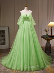 A-Line Sweetheart Neck Tulle Green Long Evening Prom Dress, Green Tulle Long Evening Dress