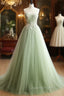 A-Line Sweetheart Neck Tulle Lace Applique Green Long Evening Prom Dress Evening Dress Off Shoulder