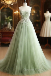 A-Line Sweetheart Neck Tulle Lace Applique Green Long Evening Prom Dress Evening Dress Off Shoulder