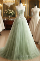 A-Line Sweetheart Neck Tulle Lace Applique Green Long Evening Prom Dress, Green Evening Dress