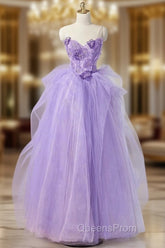 A-Line Sweetheart Neck Tulle Lace Applique Purple Long Evening Prom Dress, Purple Evening Dress