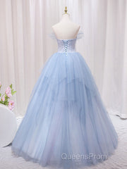 A-Line Sweetheart Neck Tulle Lace Blue Long Evening Prom Dress, Blue Formal Evening Dress