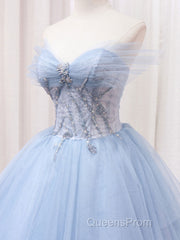 A-Line Sweetheart Neck Tulle Lace Blue Long Evening Prom Dress, Blue Formal Evening Dress