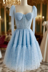 A-Line Sweetheart Neck Tulle Lace Blue Short Evening Prom Dress, Blue Homecoming Dress