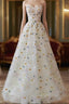 A-line Sweetheart Neck Tulle Lace Flower Beige Long Evening Prom Dress, Beige Long Evening Dress