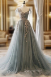 A-Line Sweetheart Neck Tulle Lace Gray Blue Long Evening Prom Dress, Gray Blue Evening Dress