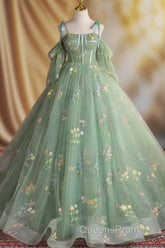A-Line Sweetheart Neck Tulle Lace Green Long Evening Prom Dress