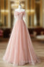 A-Line Sweetheart Neck Tulle Lace Pink Long Evening Prom Dress, Pink Evening Dress