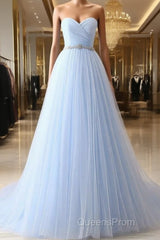 A-Line Sweetheart Neck Tulle Light Sky Blue Long Evening Prom Dress