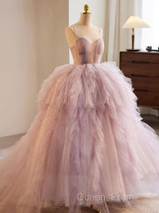 A-Line Sweetheart Neck Tulle Pink Long Evening Prom Dress, Pink Evening Dress