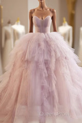 A-Line Sweetheart Neck Tulle Pink Long Evening Prom Dress, Pink Evening Dress