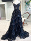 A-Line Sweetheart Neck Tulle Sequin Black Long Classy Prom Dress, Black Classy Dress