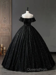 A-Line Sweetheart Neck Tulle Sequin Black Long Evening Prom Dress, Black Long Formal Dress