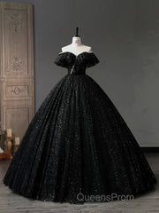 A-Line Sweetheart Neck Tulle Sequin Black Long Evening Prom Dress, Black Long Formal Dress