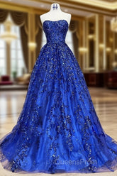 A-Line Sweetheart Neck Tulle Sequin Blue Long Evening Prom Dress, Blue Long Evening Dress