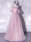 A-Line Sweetheart Neck Tulle Sequin Pink Long Evening Prom Dress, Pink Tulle Evening Dress