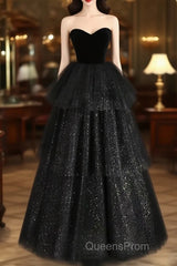 A-Line Sweetheart Neck Tulle Velvet Black Long Evening Prom Dress, Black Evening Dress
