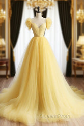 A-Line Sweetheart Neck Tulle Yellow Long Evening Prom Dress, Yellow Long Evening Dress