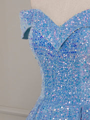 A-Line Sweetheart Neck Velvet Sequin Blue Long Evening Prom Dress, Blue Evening Dress