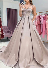 A-line Sweetheart Sleeveless Satin Sweep Train Prom Dresses With Pockets