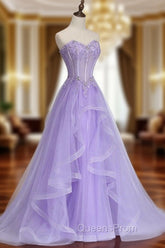 A-line Sweetheart Sleeveless Sweep Train Tulle Evening Prom Dress With Beading Appliqued