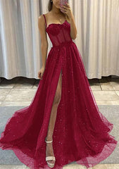 A-line Sweetheart Spaghetti Straps Sweep Train Tulle Glitter Prom Dresses With Appliqued