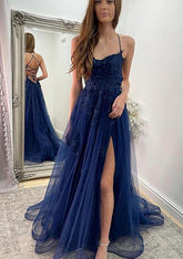 A-line Sweetheart Spaghetti Straps Sweep Train Tulle Prom Dresses With Appliqued Split