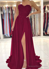 A-line Sweetheart Sweep Train Chiffon Prom Dresses With Lace Beading Split