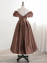 A-Line Tea length Brown Evening Prom Dress, Off Shoulder Brown Evening Dress with Beading