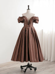 A-Line Tea length Brown Evening Prom Dress, Off Shoulder Brown Evening Dress with Beading