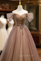 A-Line Tulle Beaded Long Evening Dress, Off the Shoulder Evening Dress