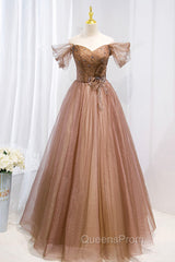 A-Line Tulle Beaded Long Evening Dress, Off the Shoulder Evening Dress
