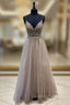 A-Line Tulle Beaded Long Evening Prom Dress, Cute V-Neck Evening Party Dress