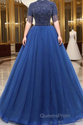 A-Line Tulle Blue Long Evening Prom Dress, Blue Formal Evening Dress with Beading