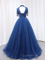 A-Line Tulle Blue Long Evening Prom Dress, Blue Formal Evening Dress with Beading