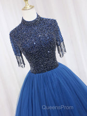 A-Line Tulle Blue Long Evening Prom Dress, Blue Formal Evening Dress with Beading