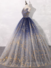 A-Line Tulle Blue Long Evening Prom Dress, Blue Tulle Long Evening Dress