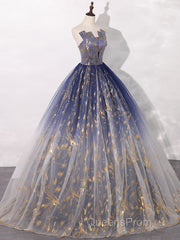 A-Line Tulle Blue Long Evening Prom Dress, Blue Tulle Long Evening Dress