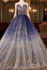 A-Line Tulle Blue Long Evening Prom Dress, Blue Tulle Long Evening Dress
