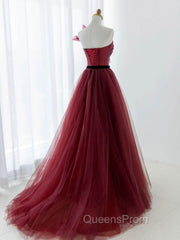 A-Line Tulle Burgundy Long Evening Prom Dress, Burgundy Evening Dress