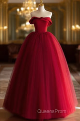 A-Line Tulle Burgundy Long Evening Prom Dress, Burgundy Long Evening Dress