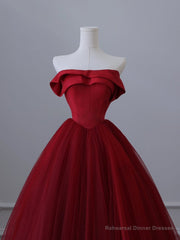 A-Line Tulle Burgundy Long Prom Dress, Tulle Burgundy Long Formal Dress
