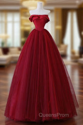 A-Line Tulle Burgundy Long Evening Prom Dress, Tulle Burgundy Long Evening Dress