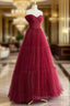 A-Line Tulle Burgundy Long Evening Prom Dress, Tulle Long Evening Dress