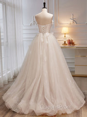 A-Line Tulle Flower Light Champagne Long Evening Prom Dress, Shiny Evening Dress