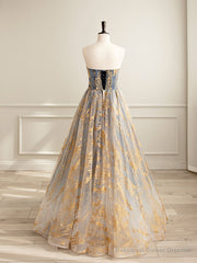 A-Line Tulle Gold/Blue Long Prom Dress, Blue Formal Evening Dress