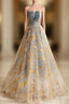A-Line Tulle Gold/Blue Long Evening Prom Dress, Blue Evening Dress